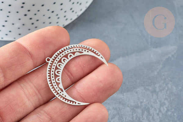 Pendentif acier argenté lune et étoiles 31mm, x1 (G8189)