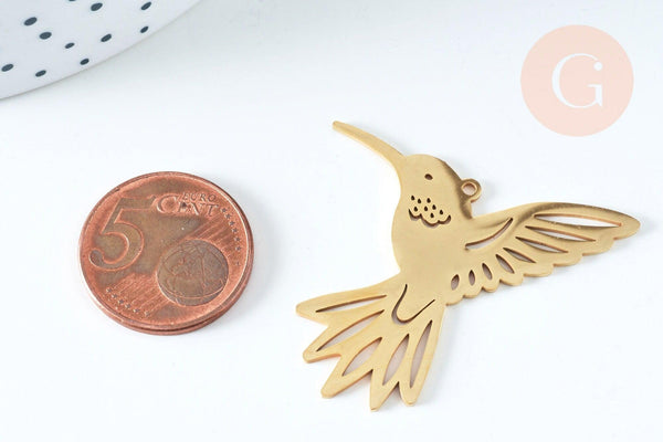 Pendentif acier doré 18K oiseau colibri 39.5mm, x1 (G6335)