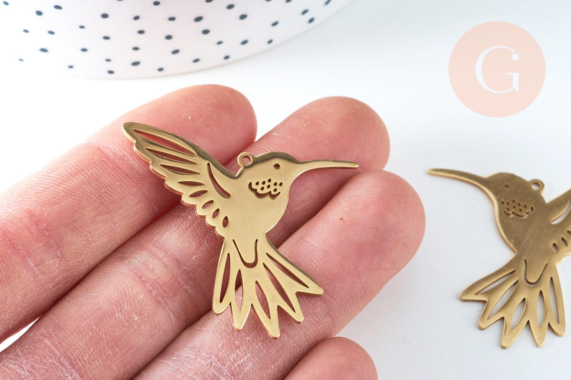 Pendentif acier doré 18K oiseau colibri 39.5mm, x1 (G6335)
