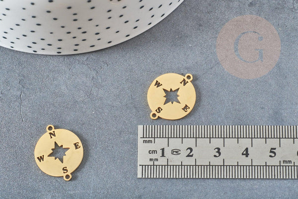 Pendentif acier dore boussole rose des ventes,breloque doré, acier inoxydable doré, pendentif sans nickel,23mm, x1 G4788