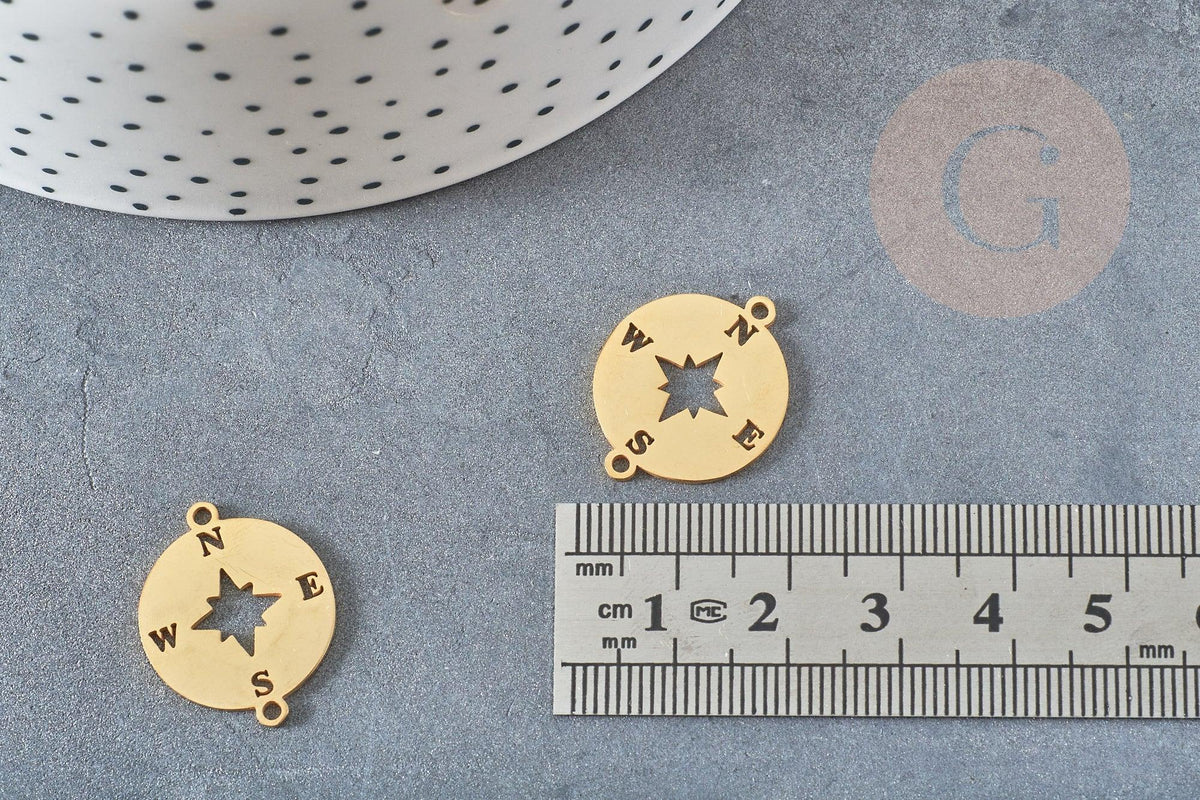 Pendentif acier dore boussole rose des ventes,breloque doré, acier inoxydable doré, pendentif sans nickel,23mm, x1 G4788