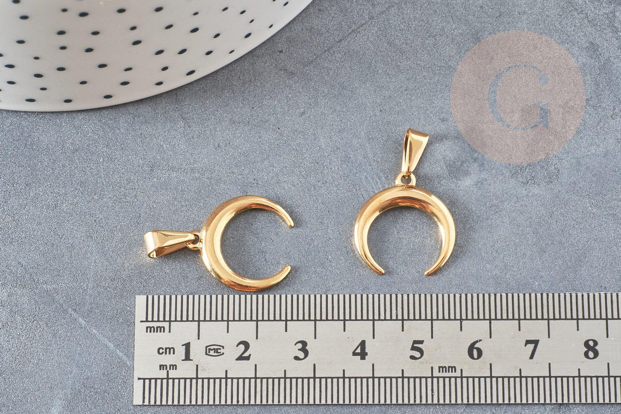 Pendentif acier doré croissant lune,breloque doré, acier chirurgical,acier doré, pendentif sans nickel, 19mm, x1 (G4840)
