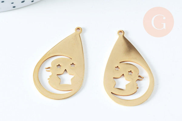Pendentif acier doré lune étoile 38mm, breloque doré, acier inoxydable doré, pendentif sans nickel, x1 (G6347)