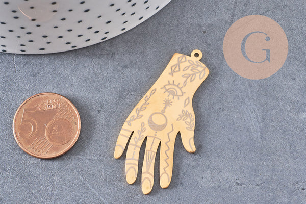 Pendentif acier doré main mystique 49mm,acier inoxydable doré sans libération de nickel,création bijoux chance, x1 G6243