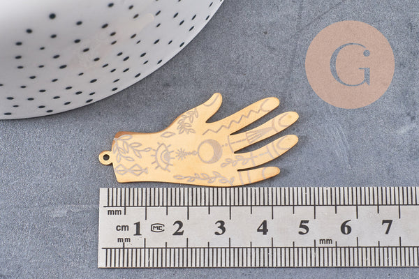 Pendentif acier doré main mystique 49mm,acier inoxydable doré sans libération de nickel,création bijoux chance, x1 G6243