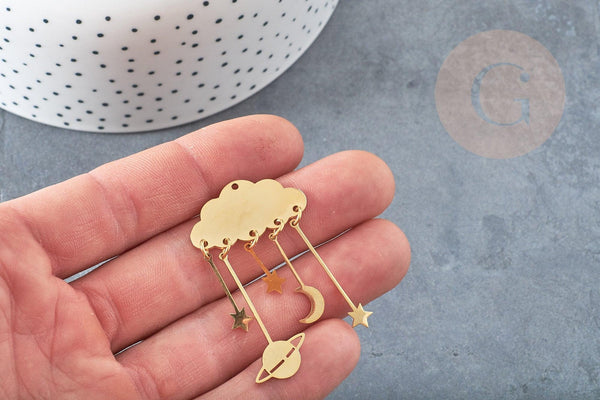 Pendentif acier doré nuage et constellations 49mm, breloque , acier inoxydable doré, pendentif sans nickel, x1 (G5736)