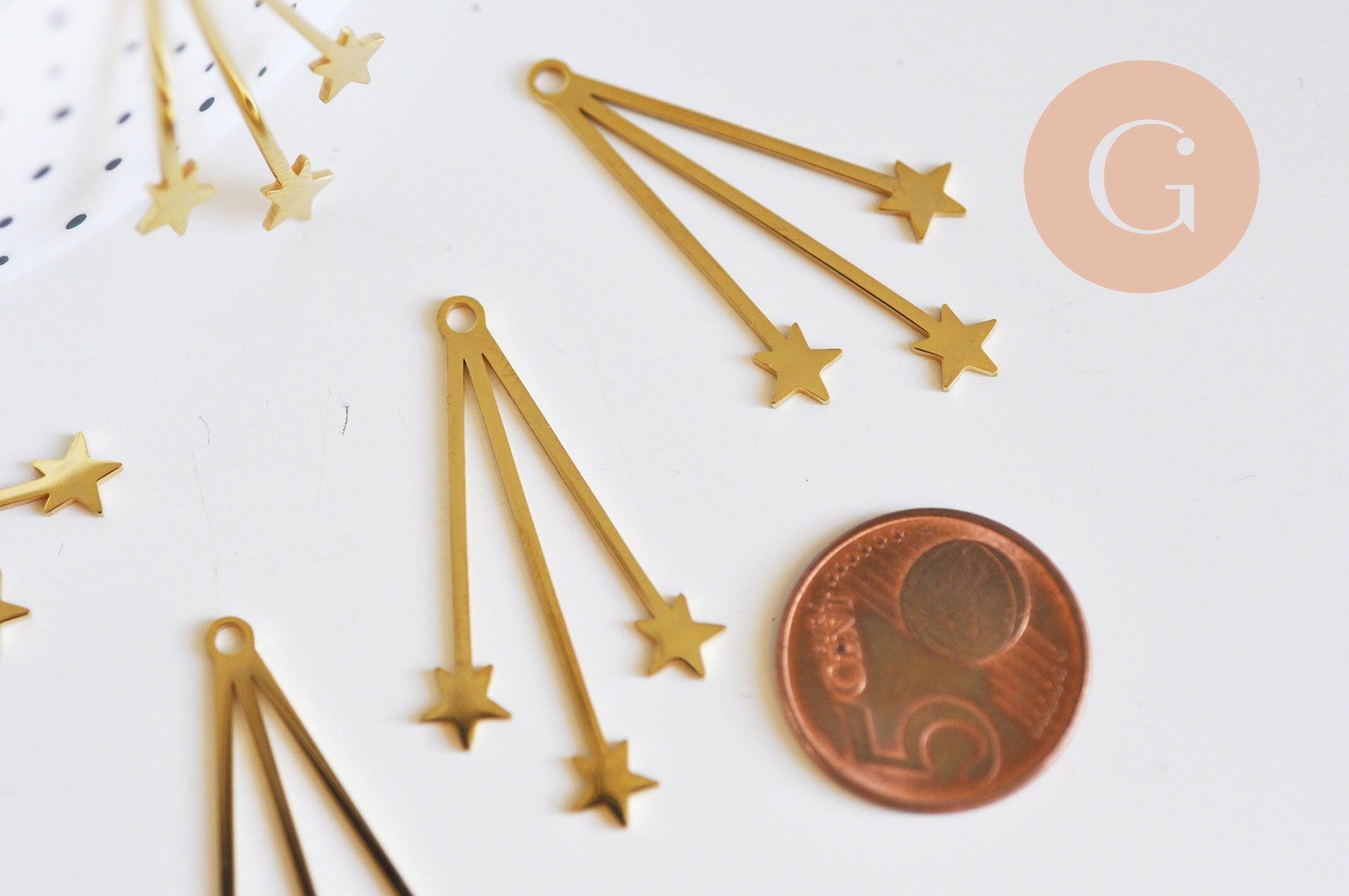Pendentif acier doré pluie étoiles 41mm, breloque doré, acier inoxydable doré, pendentif sans nickel, x1 (G10577)