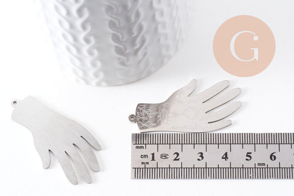 Pendentif acier platine main mystique 49mm,breloque acier inoxydable argenté sans libération de nickel, x1 (G6027)