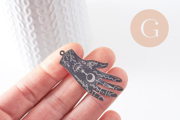 Pendentif acier platine main mystique 49mm,breloque acier inoxydable argenté sans libération de nickel, x1 (G6027)