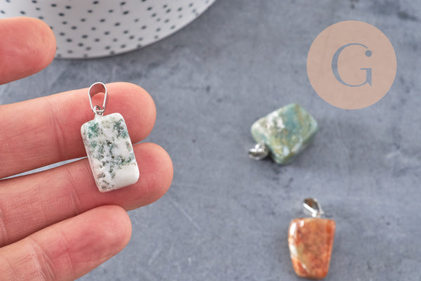 Pendentif agate indienne naturelle support acier inoxydable platine 35mm,Pendentif bijoux pierre naturelle, ,création bijoux pierre x1 G5506