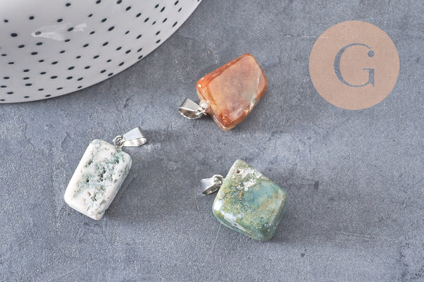 Pendentif agate indienne naturelle support acier inoxydable platine 35mm,Pendentif bijoux pierre naturelle, ,création bijoux pierre x1 G5506