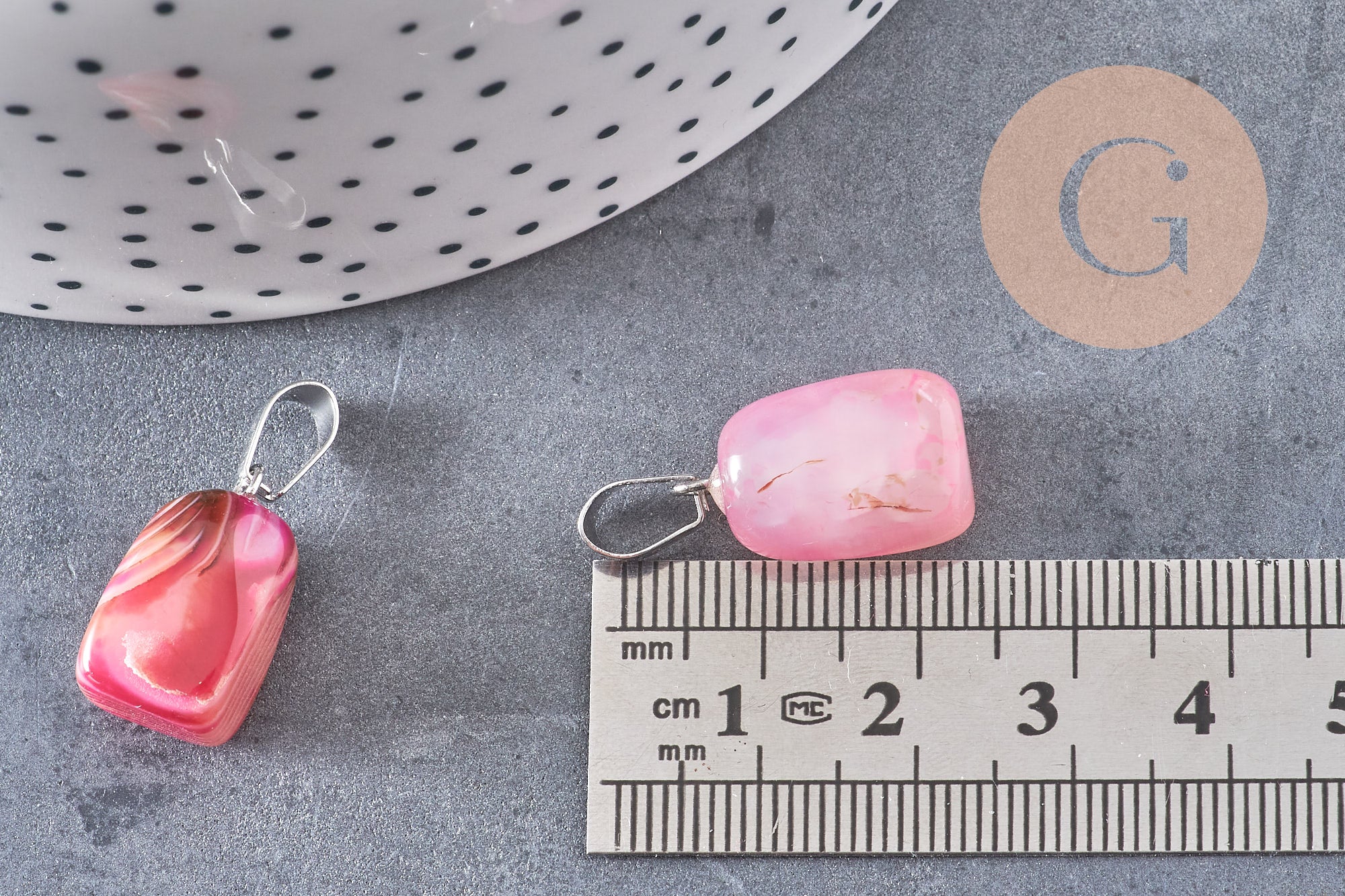 Pendentif agate rose rayée support acier argent, pendentif pierre, agate naturelle,création bijoux, pierre naturelle, 23mm, x1, G3901