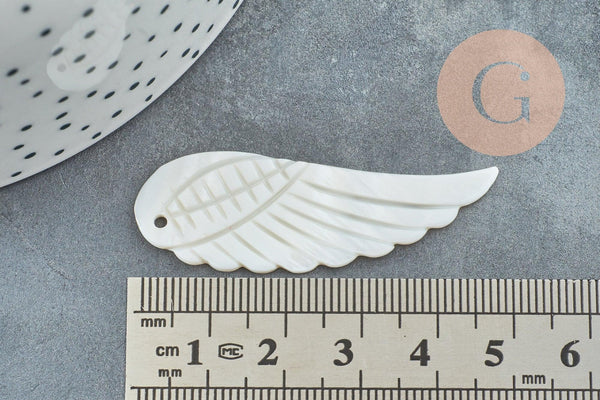 Pendentif aile nacre blanche naturelle,bijou nacre,pendentif aile ange nacre,coquillage blanc, 49mm, x1 G3875