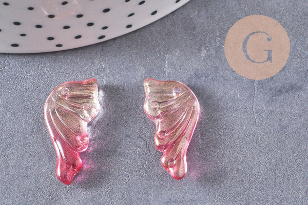 Pendentif aile verre rose fuchsia or 24.5mm ,pendentif verre ,x10 (G5832)