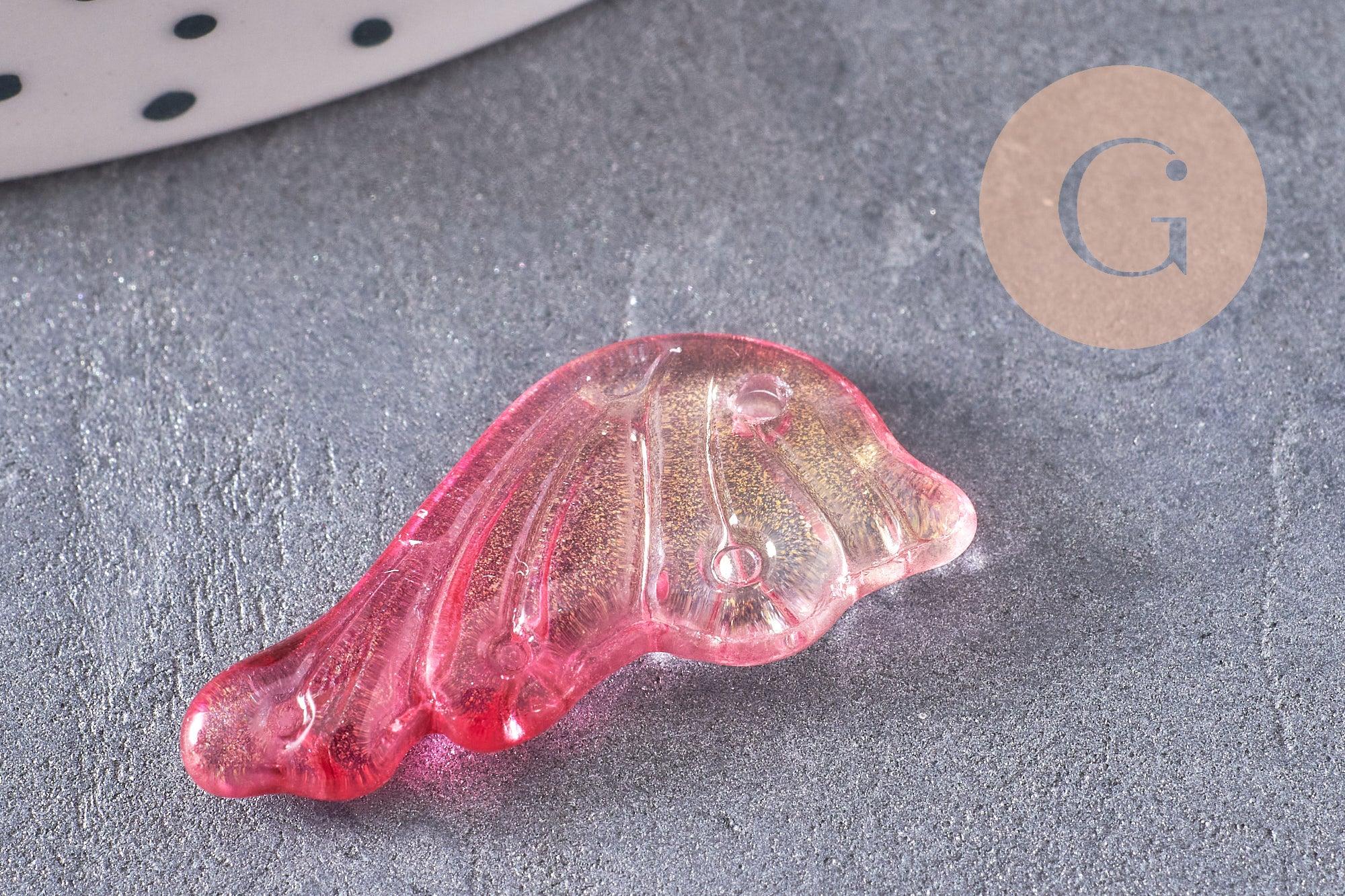 Pendentif aile verre rose fuchsia or 24.5mm ,pendentif verre ,x10 (G5832)