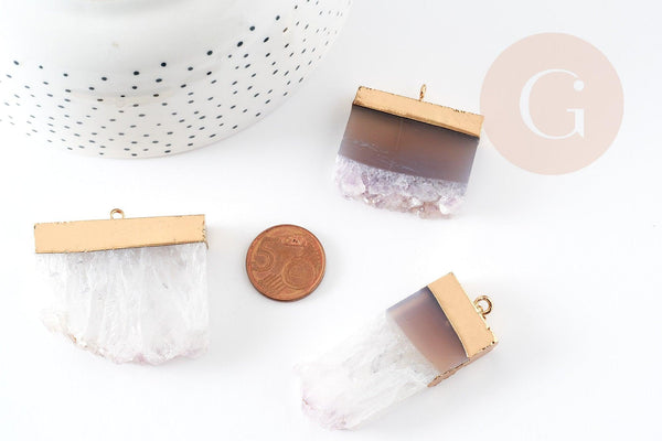 Pendentif améthyste brute violette doré 31~41mm,pendentif pierre, pierre naturelle,1 Anneau, x1 (G0646)