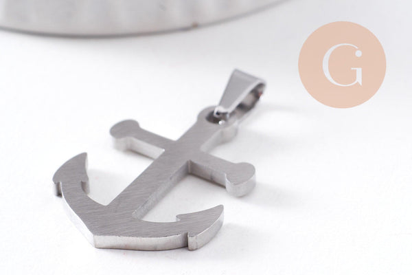 Pendentif ancre acier 304 inoxydable platine 27mm, x1 (G10377)