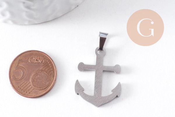 Pendentif ancre acier 304 inoxydable platine 27mm, x1 (G10377)