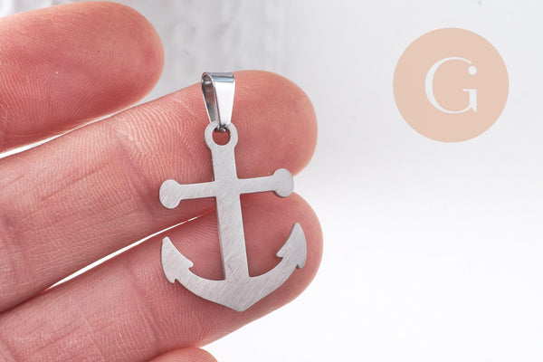 Pendentif ancre acier 304 inoxydable platine 27mm, x1 (G10377)