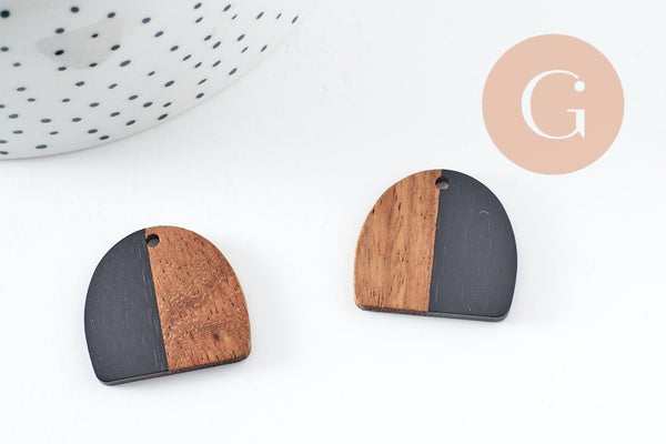 Pendentif arche en bois de noyer résine noir 25.5mm, x2 (G9848)