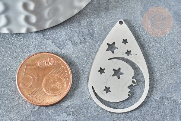 Pendentif argenté goutte lune et étoiles acier 201 inoxydable 37.5mm, breloque acier inoxydable platine x1 G7613