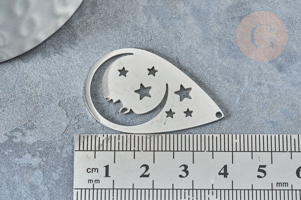 Pendentif argenté goutte lune et étoiles acier 201 inoxydable 37.5mm, breloque acier inoxydable platine x1 G7613