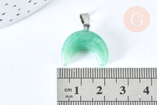 Pendentif aventurine verte lune acier inoxydable 18-19mm, pendentif pierre acier inoxydable, bijou pendentif pierre naturelle, x1 (G6997)