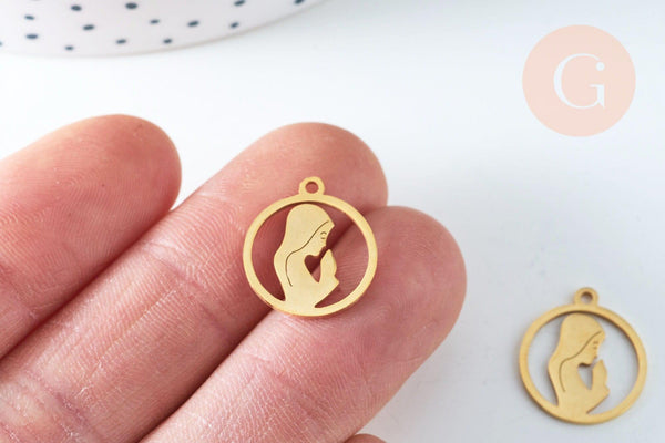 Pendentif baptême vierge Marie acier 201 inoxydable dore 17.5mm,création bijoux baptême x1 G6344