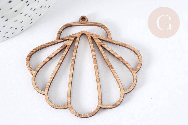 Pendentif bois coquillage ajouré 56mm, création bijoux bois, X2 G7276