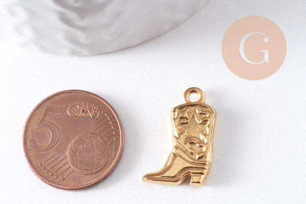 Pendentif botte de cow-boy acier 304 inoxydable doré IP 20mm, x1 (G10409)