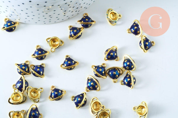 Pendentif boule planète étoiles émail bleu zamac doré 13mm, pendentif laiton émaillé,sans nickel, x1 G6006