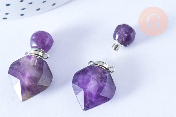 Pendentif bouteille parfum améthyste naturelle platine argenté 27mm ,x1 (G7148)