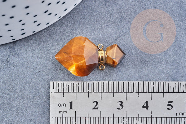 Pendentif bouteille parfum oeil de tigre naturel laiton 27mm, x1 (G8632)