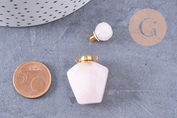 Pendentif bouteille parfum quartz rose naturel acier inoxydable doré 39mm, x1 (G3012)
