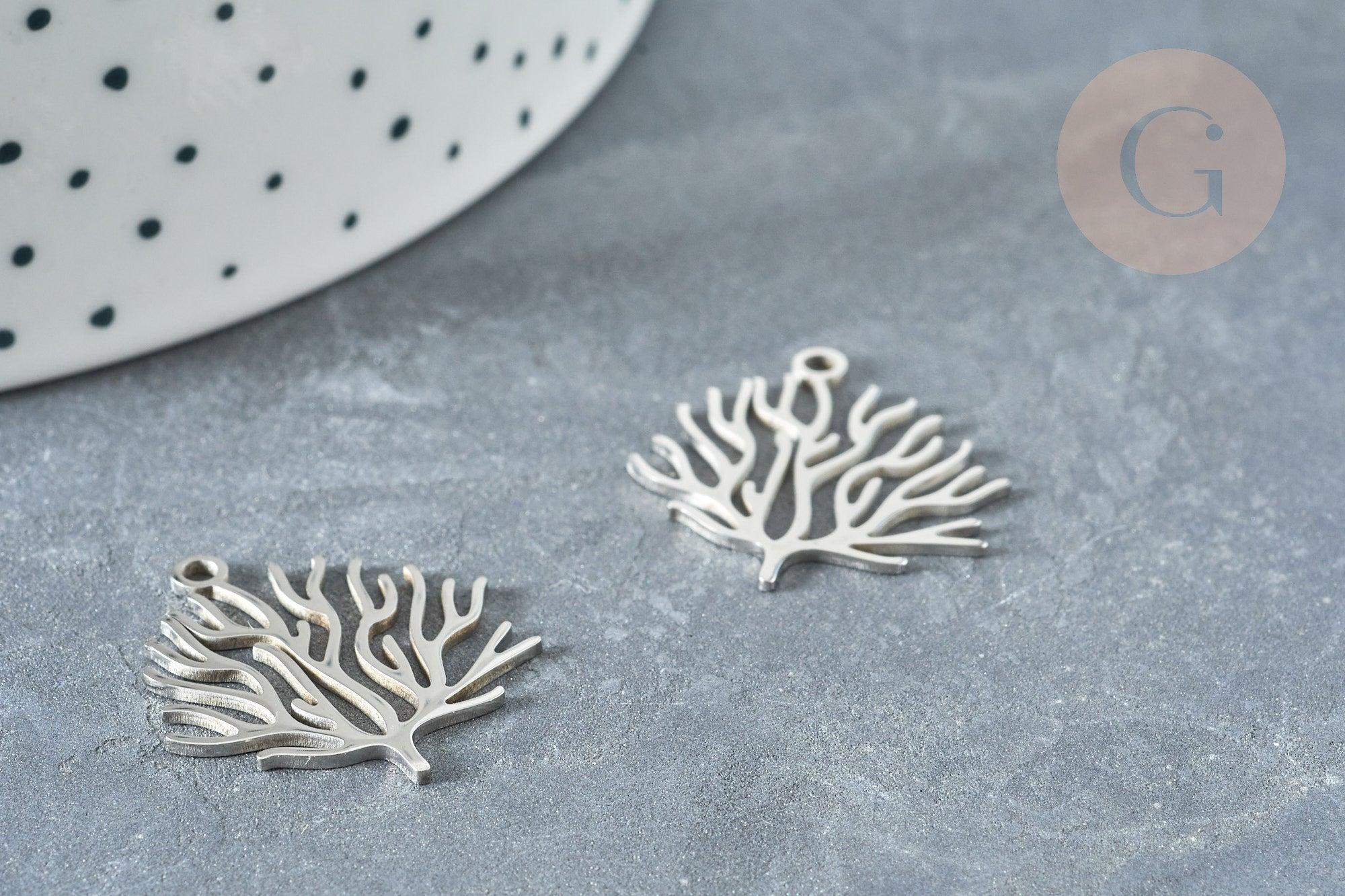 Pendentif branche de corail acier 201 inoxydable argenté 23.5mm, x1 (G8158)