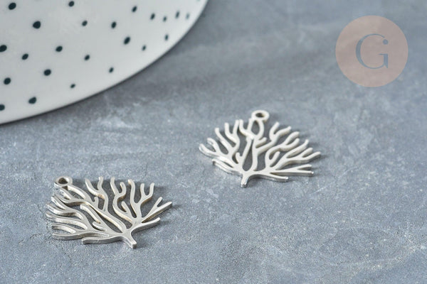 Pendentif branche de corail acier 201 inoxydable argenté 23.5mm, x1 (G8158)