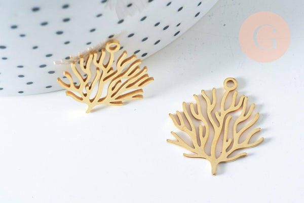 Pendentif branche de corail acier 201 inoxydable doré 18K 23.5mm, x1 (G6337)