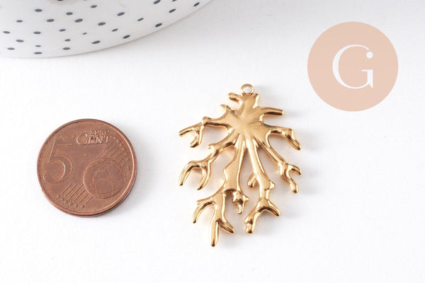 Pendentif branche de corail acier 304 inoxydable doré 18K 36mm, x1 (G10508)