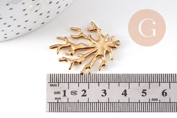 Pendentif branche de corail acier 304 inoxydable doré 18K 36mm, x1 (G10508)