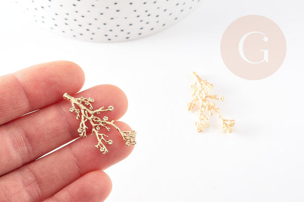 Pendentif branche feuille laiton doré 18K 37.5mm, x1 (G3566)