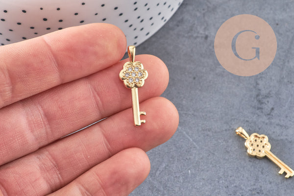Pendentif breloque clef laiton doré et zircon 28.5mm, x1 (G4463)