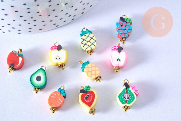 Pendentif breloque fruits polymère multicolore 12-17mm, perles colorées et estivales pour créer des bijoux fantaisie, x10 (G6689)