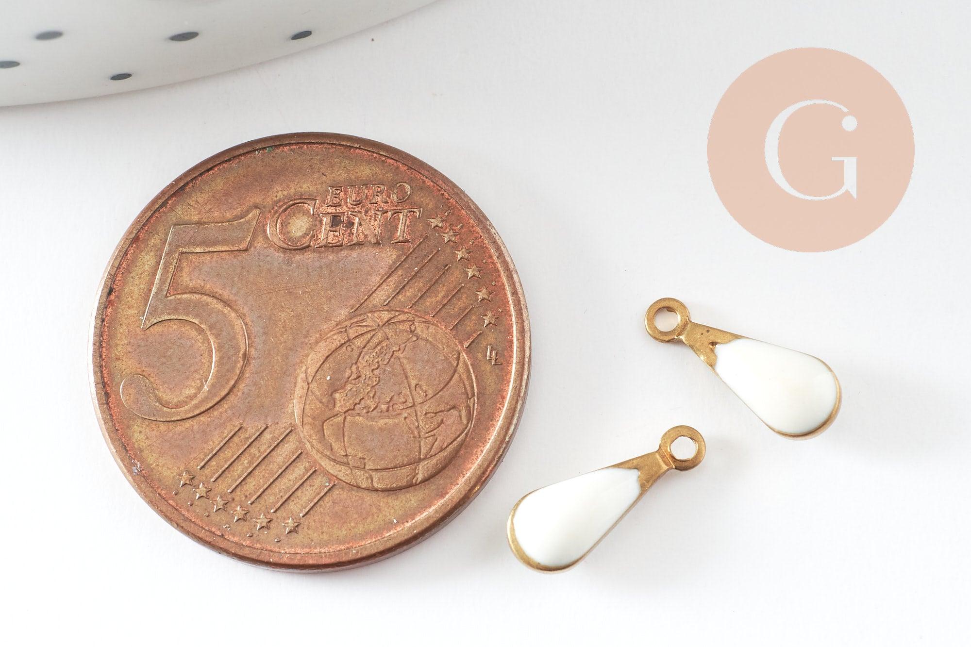 Pendentif breloque goutte laiton brut émail blanc 11mm, x10 (G0808)