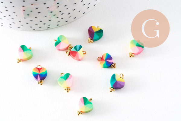 Pendentif breloque polymère coeur multicolore 13mm, perles colorées et estivales pour créer des bijoux fantaisie, x10 (G5867)
