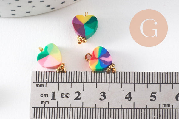 Pendentif breloque polymère coeur multicolore 13mm, perles colorées et estivales pour créer des bijoux fantaisie, x10 (G5867)