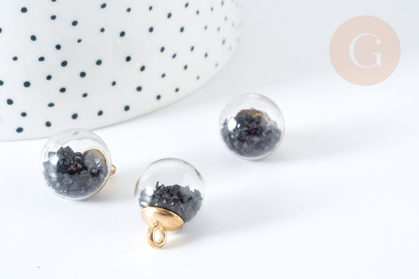 Pendentif bulle verre transparent cristal noir 22mm, x1 (G8101)