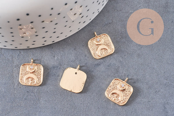 Pendentif carré lune protecteur chance en laiton zircon 18K 19mm, x1 (G10559)
