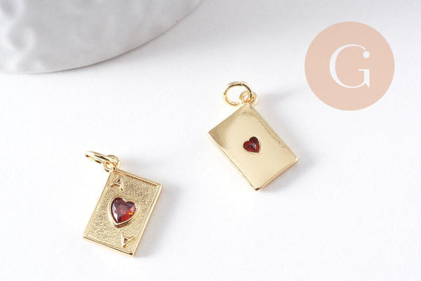 Pendentif carte à jouer coeur zircon rouge laiton doré 18K 15mm x1 (G10288)