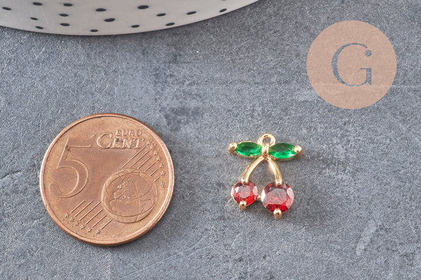 Pendentif cerise doré 18K zircons 14mm, x1 (G5275)