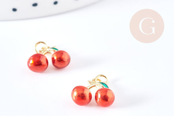 Pendentif cerise doré émaillé rouge laiton doré 18K 11mm,x1 G8582